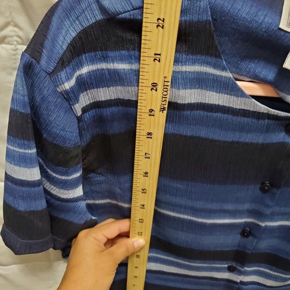 Jennifer Moore 100% Silk Shirt Woman Size 16 Petite  Blue stripes button boho - Picture 4 of 12